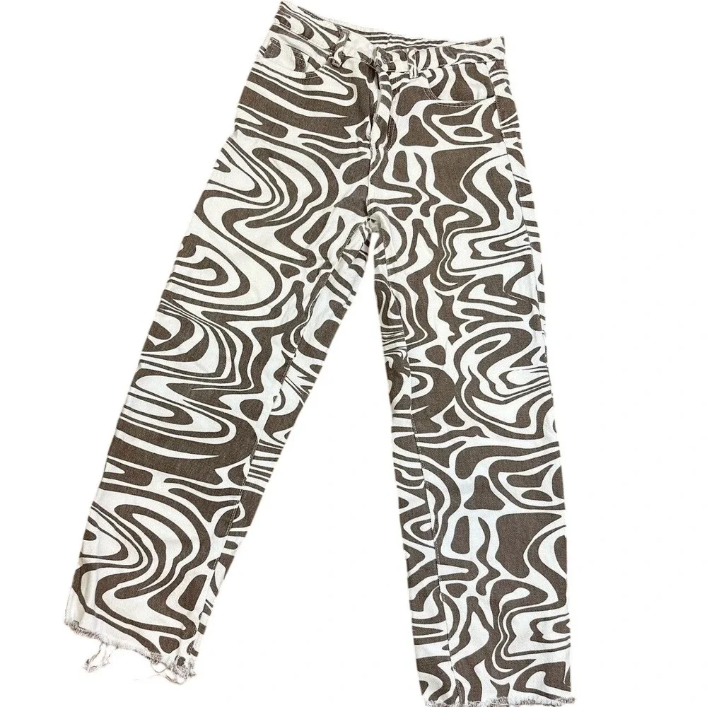 SHEIN Brown White Psychedelic Swirl Hi Rise Straight Leg‎ Raw Hem Jeans Size S 4
